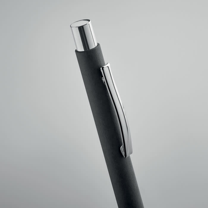 A pen with a sleek black body and a shiny silver clip, featuring a chrome top. It has a minimalist design.