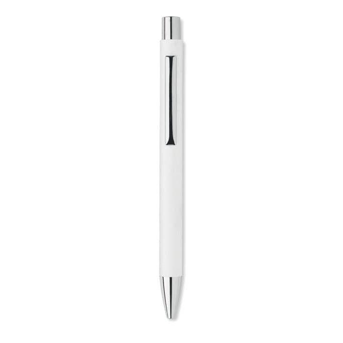 A pen with a white barrel and chrome accents, featuring a streamlined design.