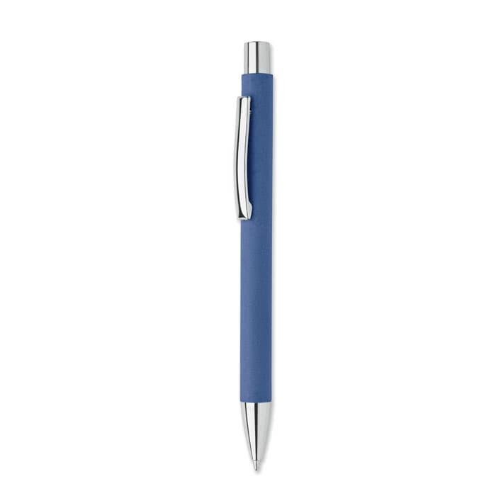 A blue pen with a chrome clip and a smooth finish. It features a classic retractable design.