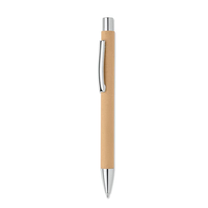 A pen with a beige body and silver accents, featuring a clip. It has a sleek and minimalist design.