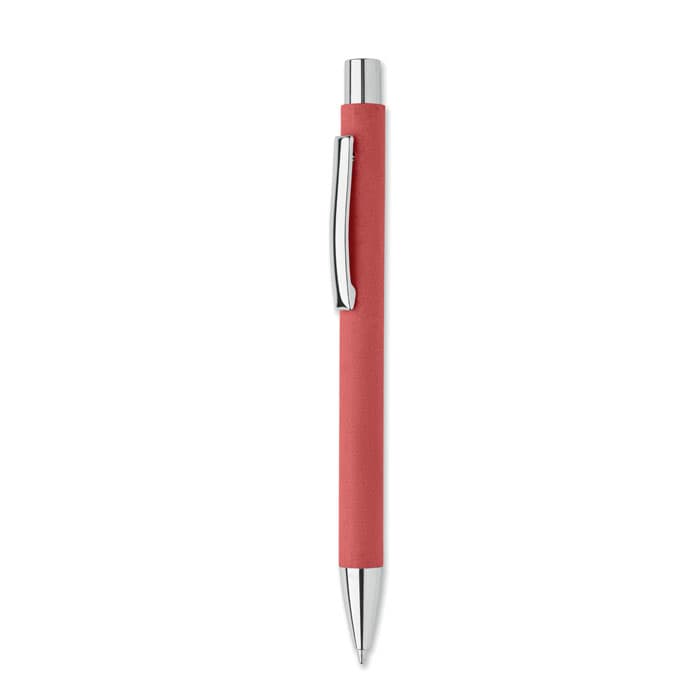 A pen with a red rubber grip and silver accents, featuring a clip for attachment.