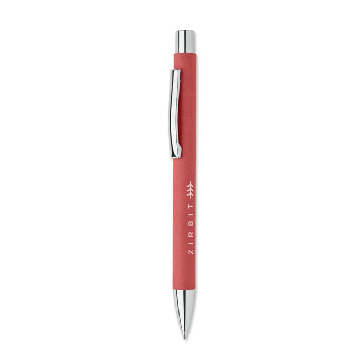 A red pen with a sleek silver clip and branding on the barrel.