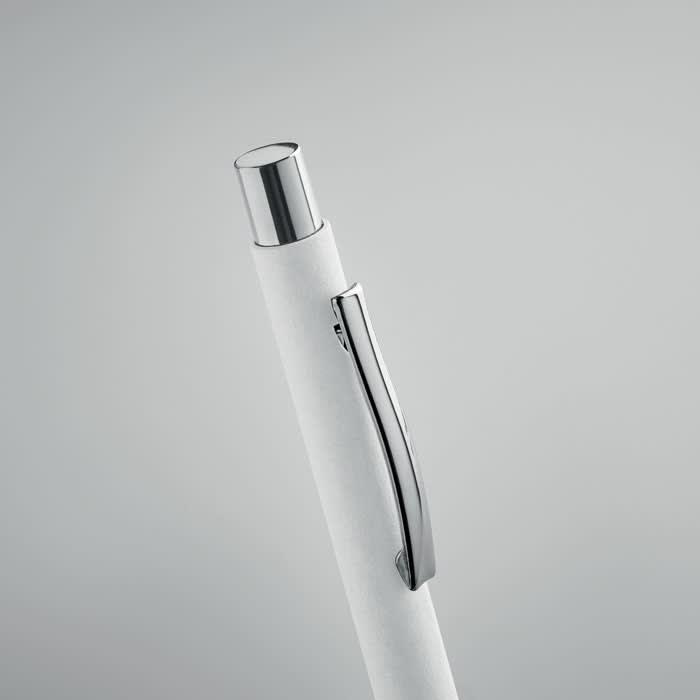 A white pen with a silver clip and a chrome tip, featuring a sleek and minimalist design.