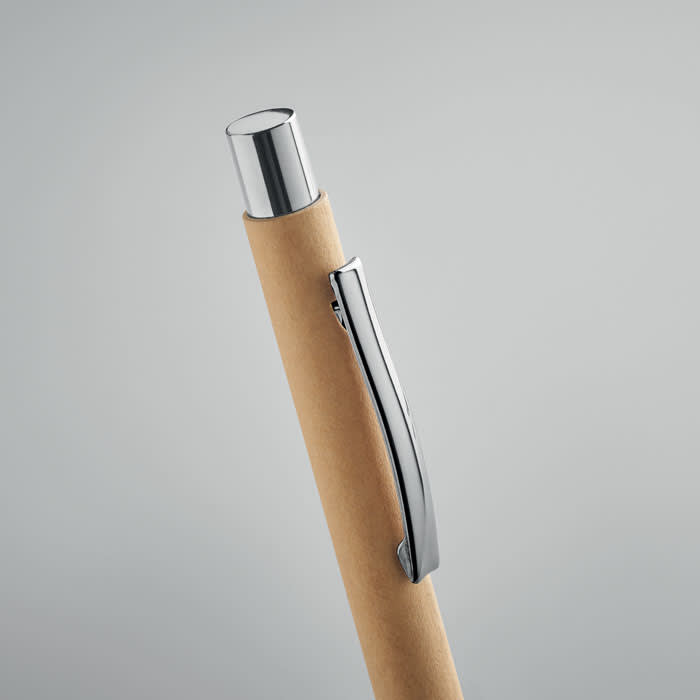 A pen with a brown barrel and chrome accents. It features a metal clip and a sleek design.