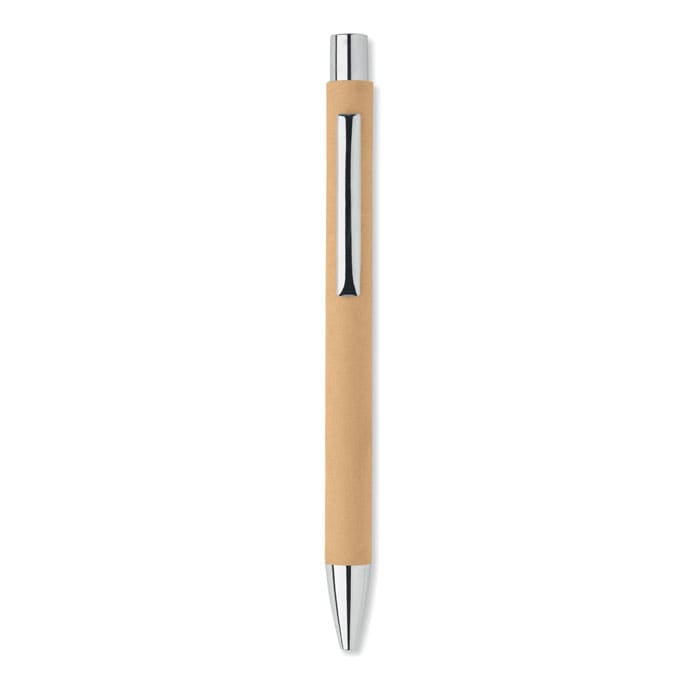 A pen with a beige leather grip and silver accents, featuring a sleek, simple design.