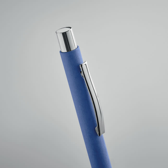 A pen with a glossy chrome tip and a blue barrel, featuring a silver clip and branding.