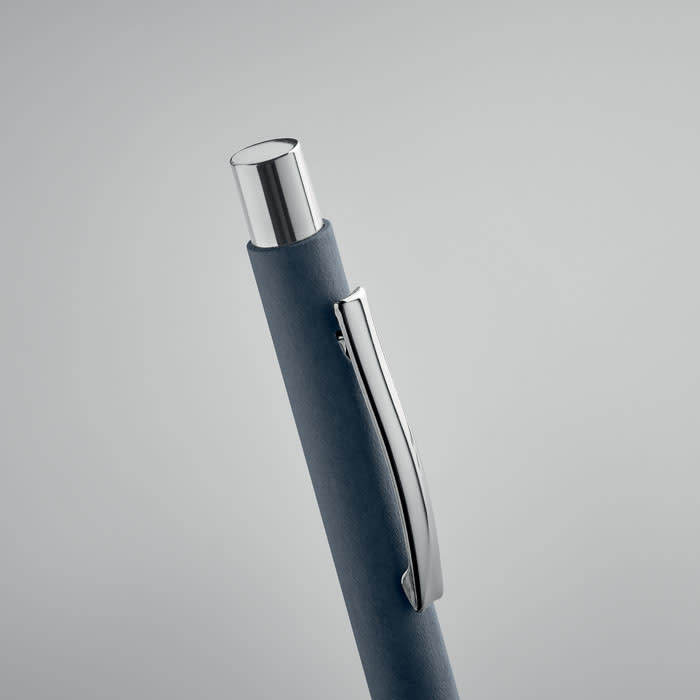 A pen with a sleek grey body and a silver clip, featuring a shiny chrome top.