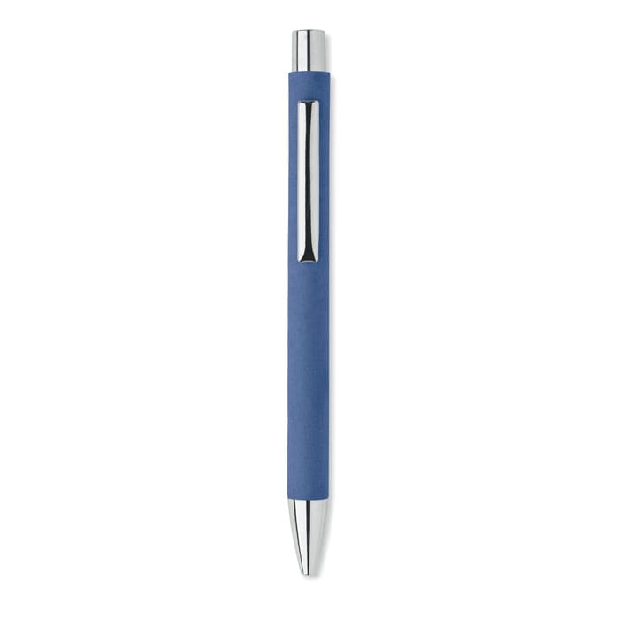 A blue pen with a sleek design and chrome accents, featuring a shiny clip and tip.