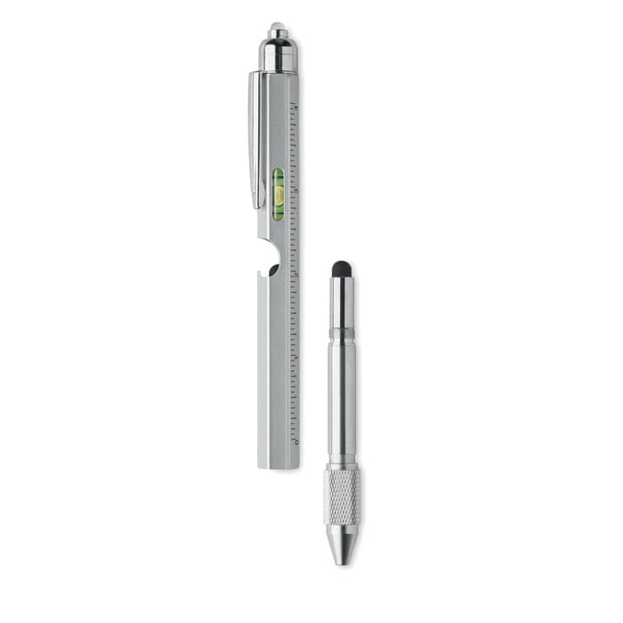 A silver multi-tool pen featuring a level, ruler, and stylus tip, alongside a silver mechanical pencil.