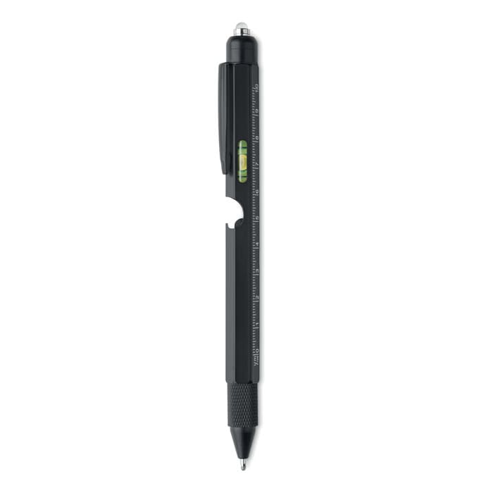 A black multifunction pen with a built-in level, ruler, and a textured grip for enhanced handling.