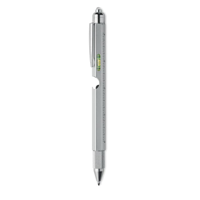 A silver multi-functional pen with a ruler, level, and a stylus tip. It features a clip for easy attachment.