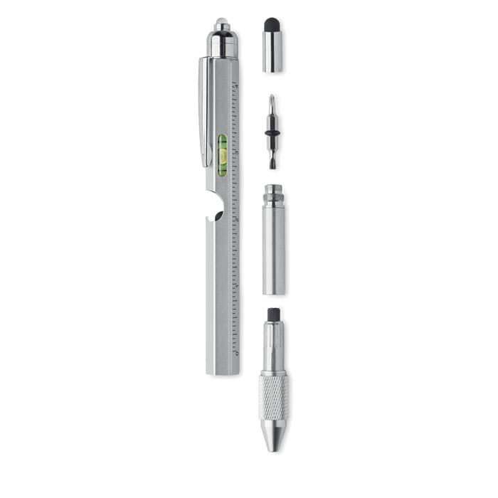 A multi-tool pen in silver, featuring a level, ruler, and interchangeable screwdriver heads.