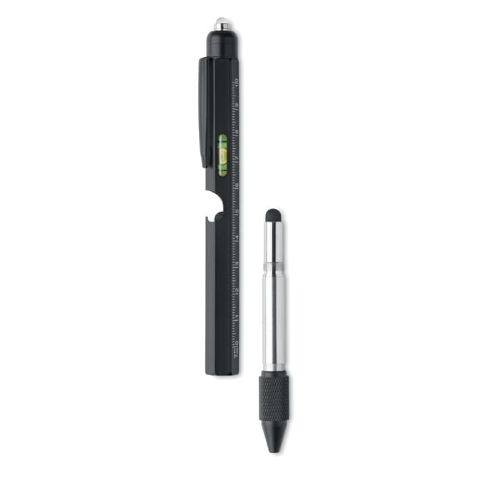 A black multi-tool pen with a level and ruler, alongside a silver stylus pen. Both tools are neatly displayed.