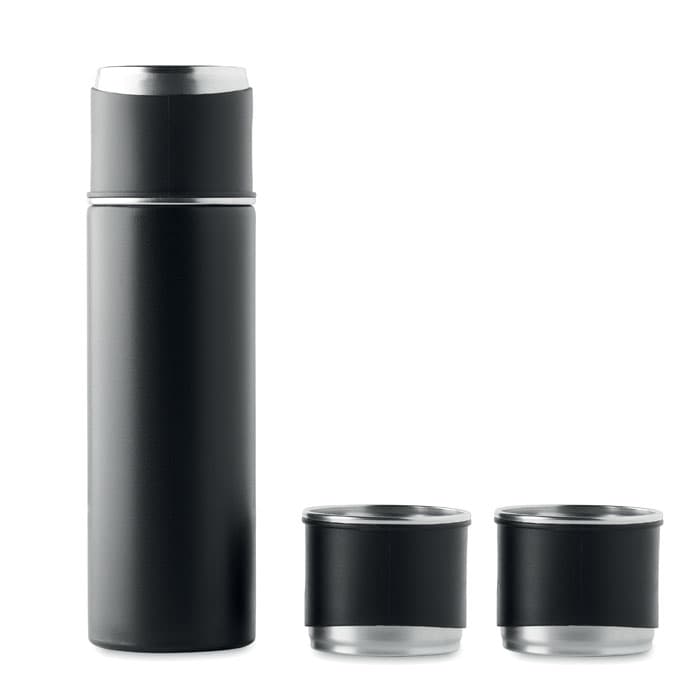 A drink bottle in matte black with two matching cups, featuring a sleek design and stainless steel accents.