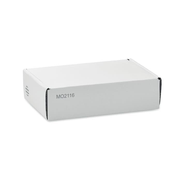 A white rectangular box with black edges, featuring a small ventilation hole on the side.