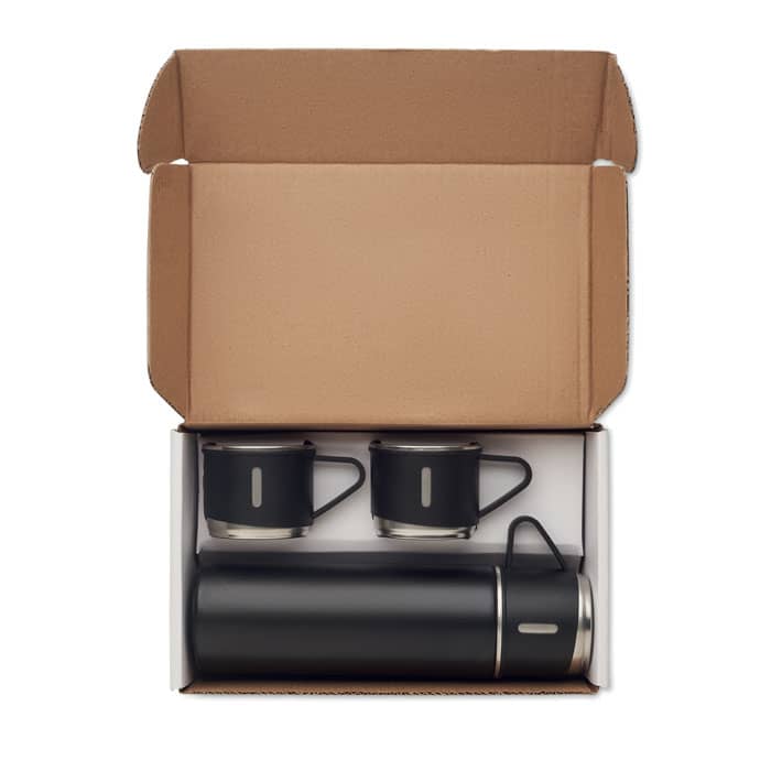 A drink bottle and two matching cups in a cardboard box, all in black with silver accents. The set includes a logo branding.