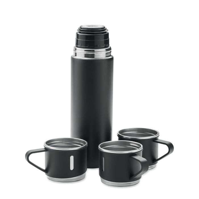 A drink bottle in matte black with three matching black cups, featuring a silver band around the base.