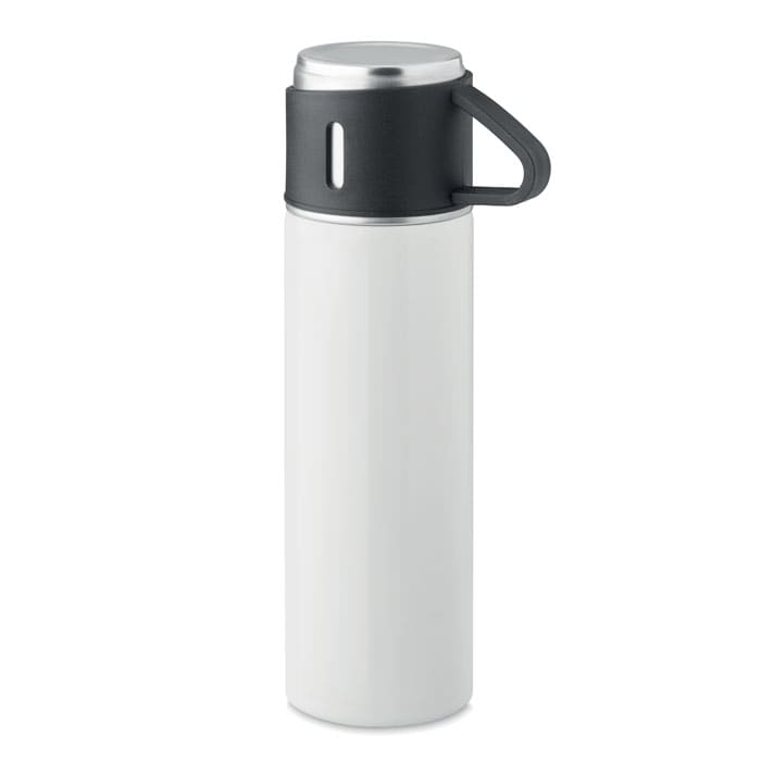 A drink bottle in white with a black lid and handle, featuring a built-in logo.
