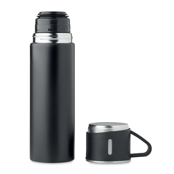 A black drink bottle with a stainless steel top and a matching lid featuring a handle.
