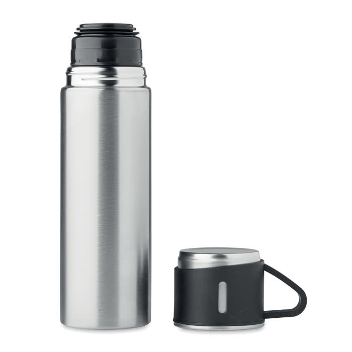 A drink bottle in silver stainless steel, featuring a black cap and a removable lid with a handle.