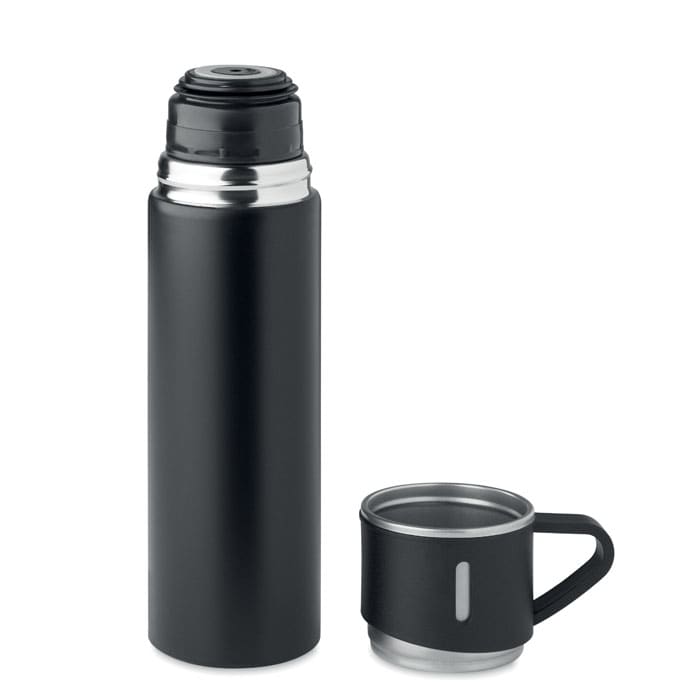 A drink bottle and a matching cup, both in sleek black with stainless steel accents. The bottle features a logo.