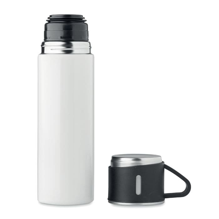 A drink bottle in white with a stainless steel lid and a black cap, featuring a logo on the body.