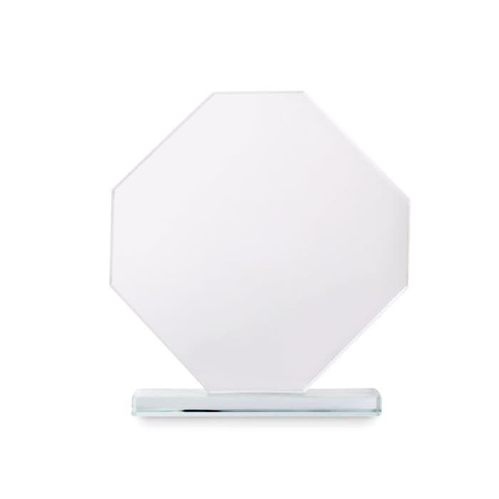 A clear octagonal acrylic display stand with a transparent base, suitable for showcasing items.