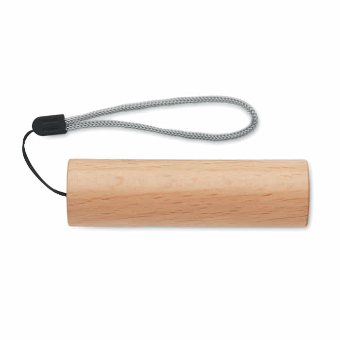 A wooden drink bottle holder with a grey strap. The holder features a smooth, natural finish.