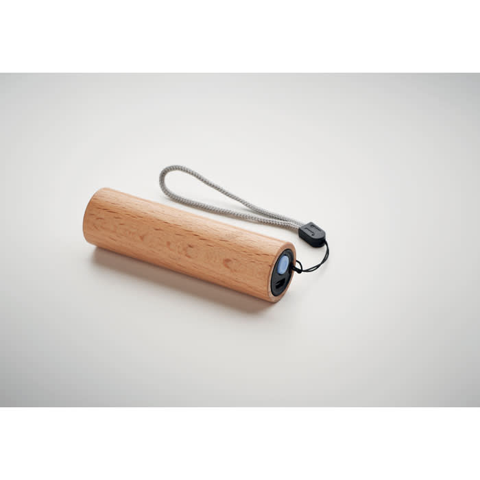 A drink bottle with a wooden finish and a grey strap. It features a black cap and has a logo.