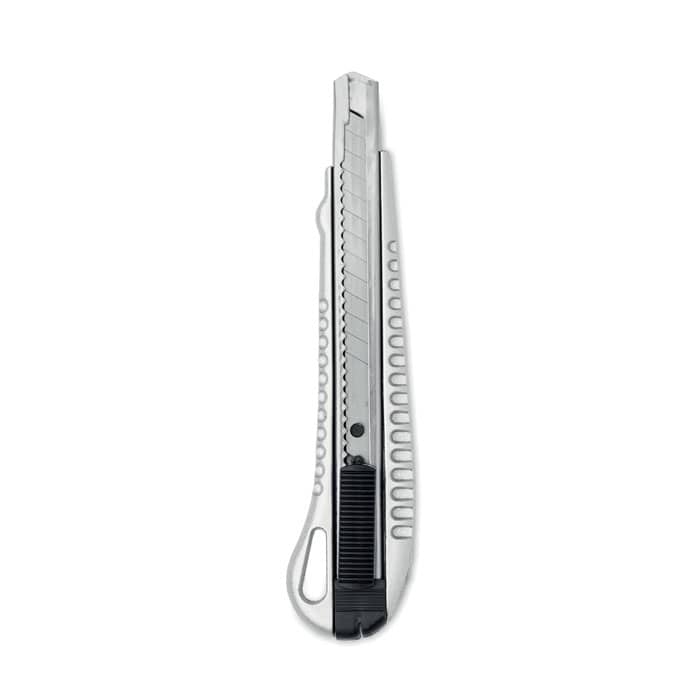 A utility knife with a silver metallic blade and a black grip, featuring a retractable mechanism.