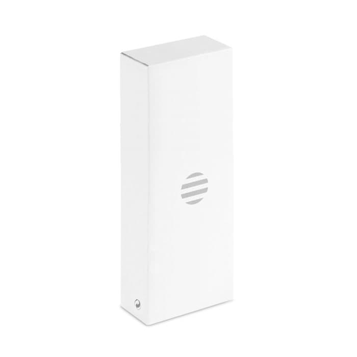 A white product box featuring a simple logo design. The box has a sleek, minimalist appearance.
