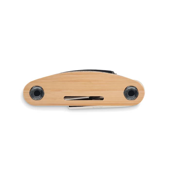 A multi-tool with a bamboo handle, featuring various tools and silver accents. It has a circular logo on one side.