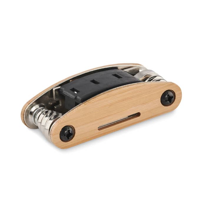 A bamboo multi-tool with metal components, featuring a sleek design and a black central section.