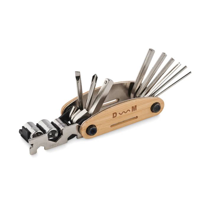 A multi-tool featuring a bamboo handle and various stainless steel tools and bits, including screwdrivers and hex keys.
