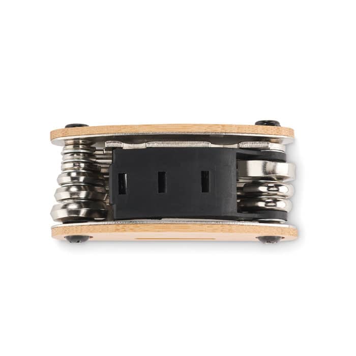 A multi-tool featuring stainless steel components and wooden sides, compact and designed for portability.