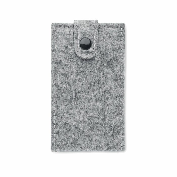 A grey felt nail kit case with a black snap button closure. Features a simple, minimalist design.