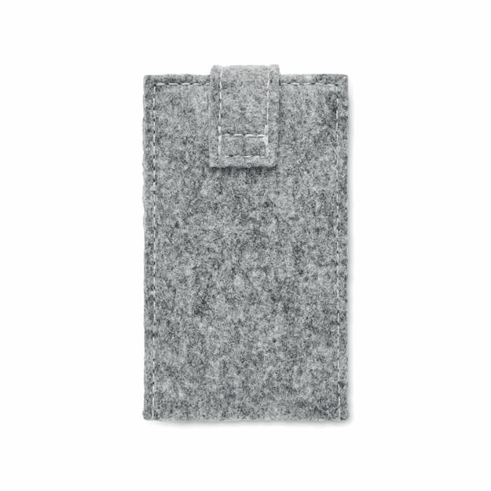 A grey felt nail kit case with a flap closure. It features stitching along the edges and has a branding logo.