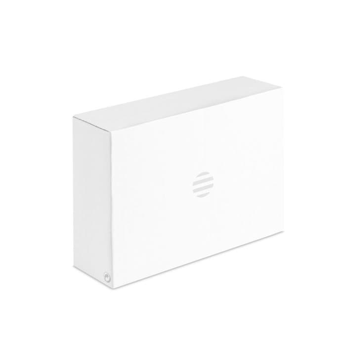 A white box featuring a minimal logo, designed for packaging. The box has a simple, sleek appearance.