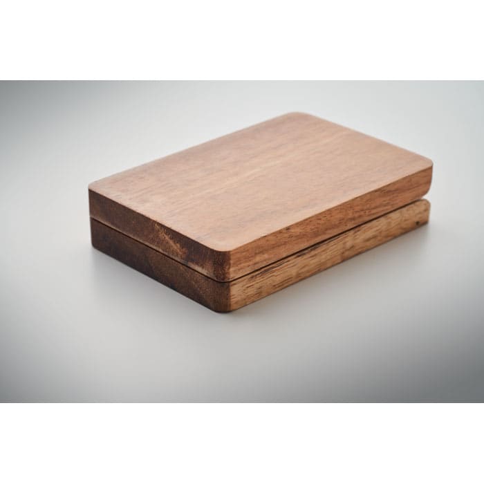 A wooden box with a smooth finish, featuring a light and dark brown colour with a simple, elegant design.