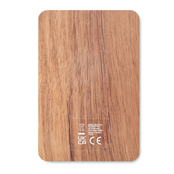 A wooden phone case with a smooth finish and natural grain pattern, featuring a small logo in the corner.