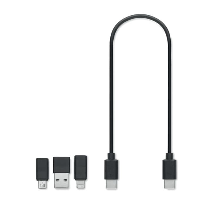 A USB cable in black with interchangeable connectors for various devices. Contains a branding logo.