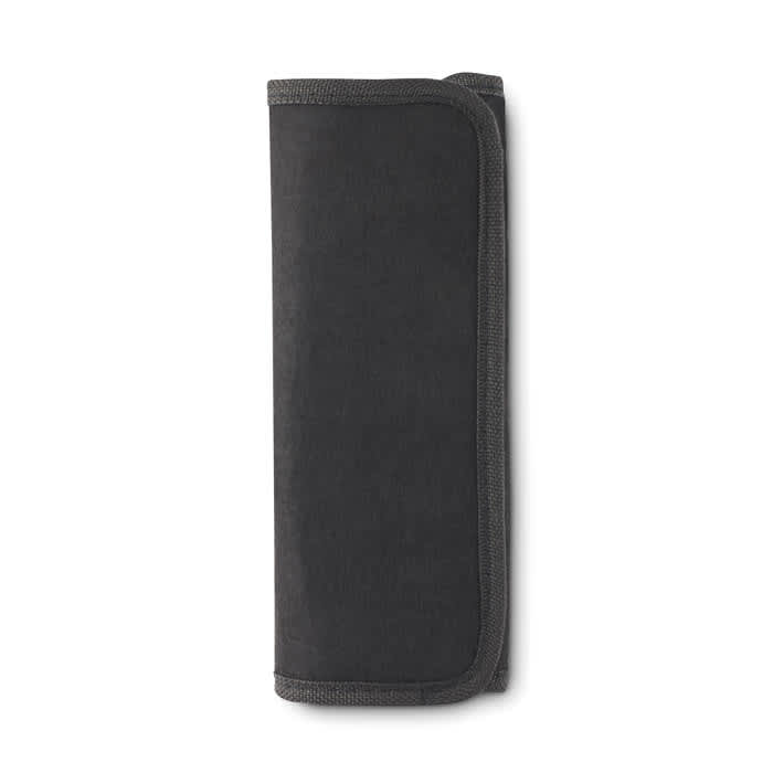 A black roll-up travel wallet featuring a secure closure and a simple, sleek design. It includes a logo.