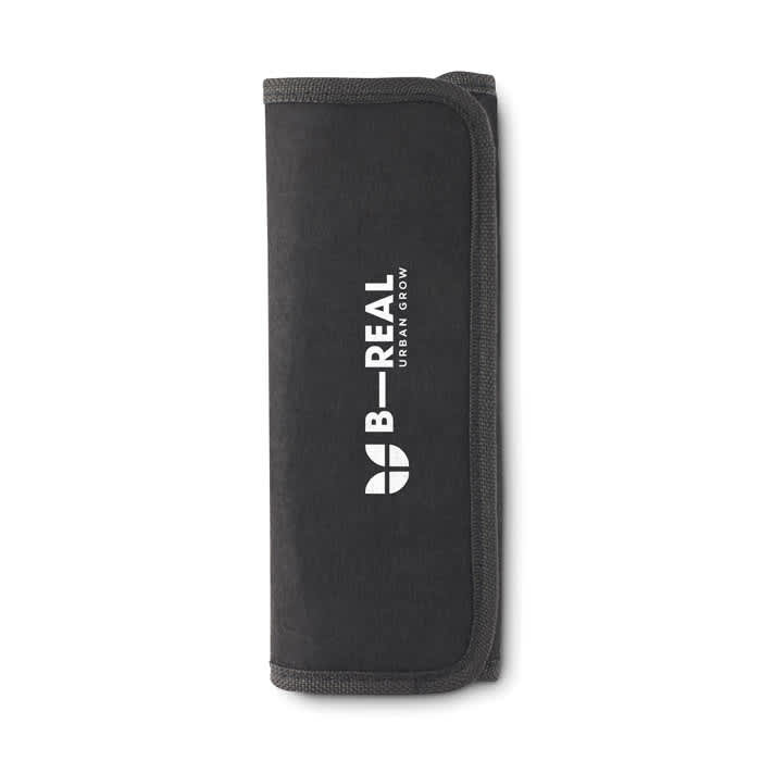 A black promotional pouch with a logo, featuring a foldable design and a zip closure.
