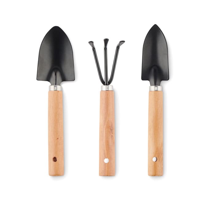 A gardening tool set featuring a trowel, cultivator, and transplanter with wooden handles and black metal heads.