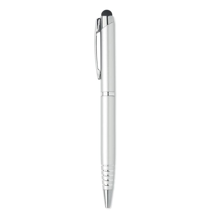 A silver pen with a sleek design, featuring a clip and a rubberised tip for touchscreens.
