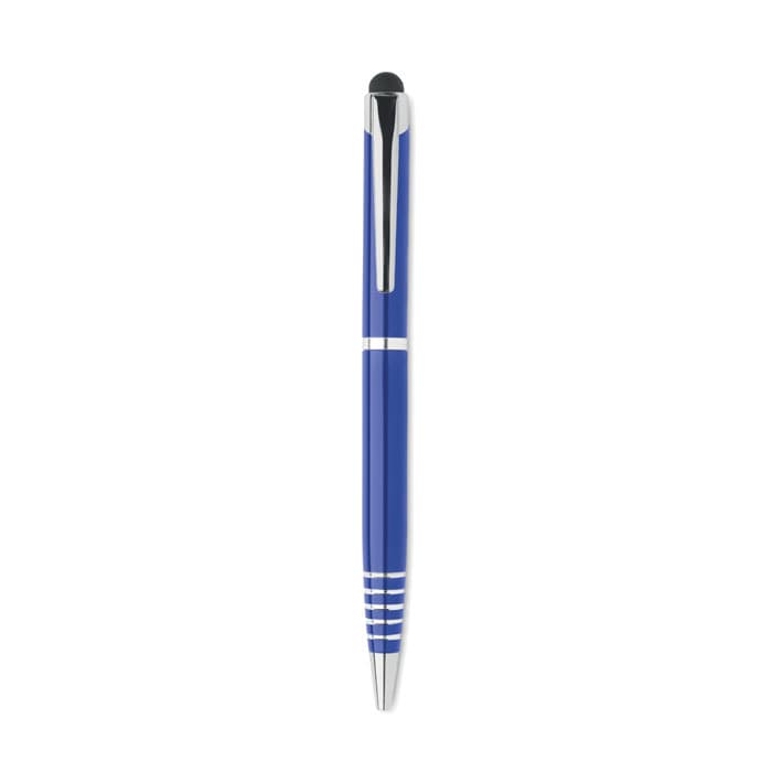 A blue pen with a silver clip and accents, featuring a smooth design and a stylus tip on one end.