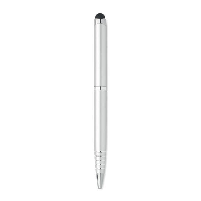 A silver pen with a stylus tip and chrome accents, featuring a sleek, modern design.