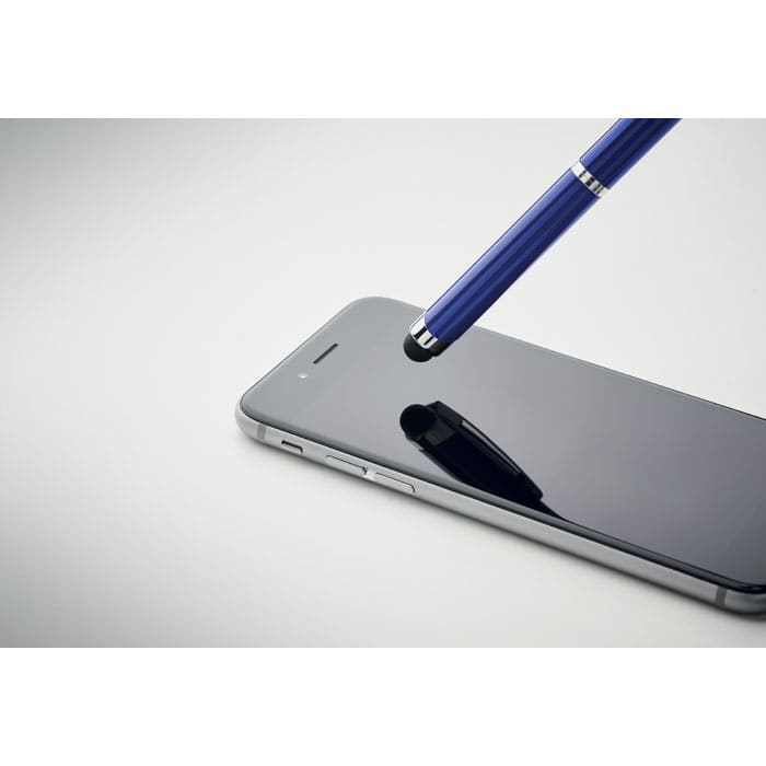 A sleek blue pen resting on a black smartphone screen, reflecting light subtly. The pen has a polished finish.