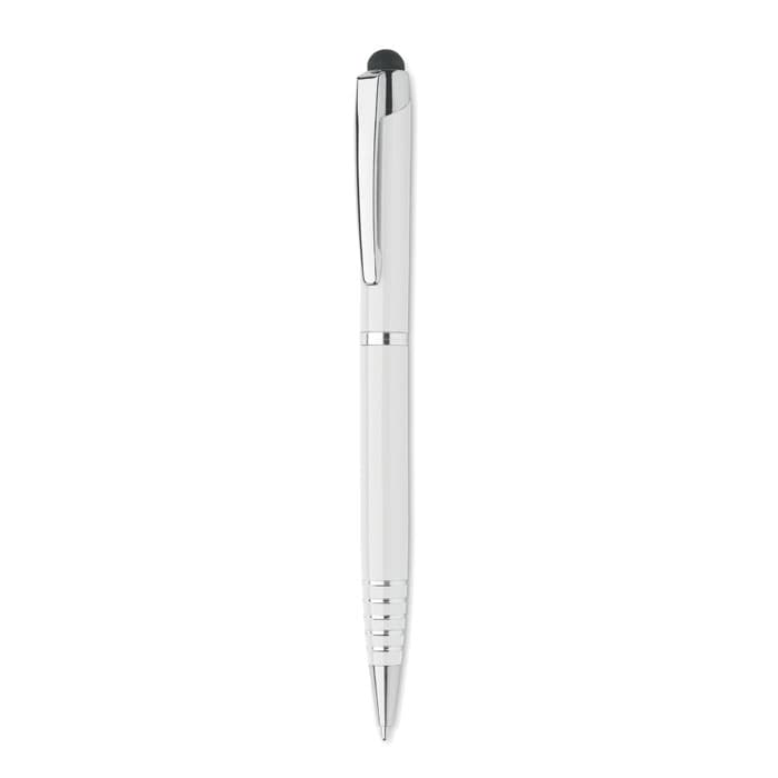 A pen with a white barrel and silver accents, featuring a stylus tip at the top. It includes a logo on the clip.