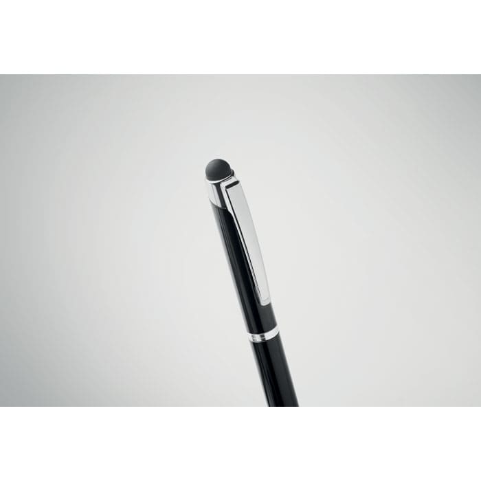 A black pen with a silver clip and a rounded tip, featuring a logo on the body.